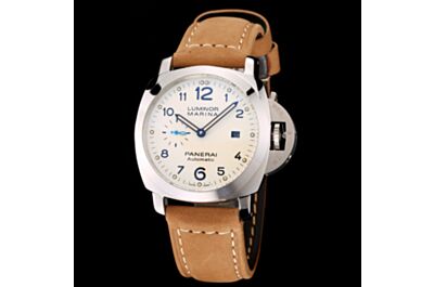 Panerai Luminor Marina White Dial Date Small Seconds Arabic Numerals Hour Markers Frosted Brown Strap Watch