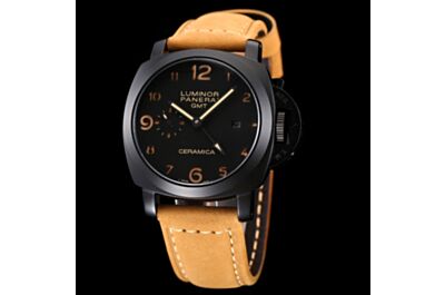  Panerai Luminor GMT Black Case & Dial Arabic Numerals Hour Markers Date Small Seconds Brown Strap Watch