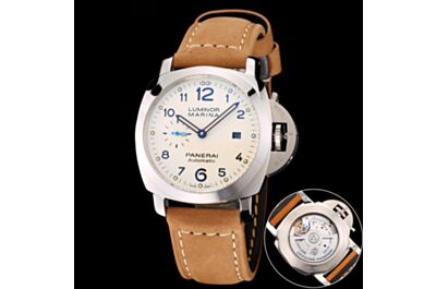Elegant Panerai Luminous Marina Stainless Steel Case White Dial Arabic Numerals Hour Markers Date Small Seconds Watch