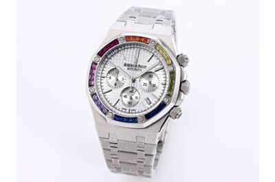  AP Royal Oak Color Diamond Bezel White Tapisserie Plaid Dial Counters Date Stainless Steel Case Strap Watch