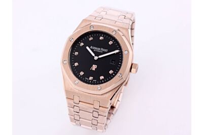  AP Royal Oak Jumbo Black Dial Octagon Stainless Steel Bezel Rose Gold Case Strap Diamond Hour Markers Date Two-Hand Watch