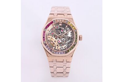  AP Royal Oak Watch Hollow Tourbillon Dial With Colored Diamonds Octagonal Bezel Rose Gold Frosted Case Strap