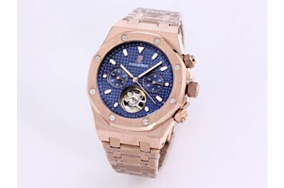 Luxury AP Royal Oak Watch Black Grande Tapisserie Dial Applied Markers Date Rose Gold Frosted Case & Strap