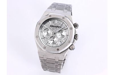  AP Royal Oak Diamond Dial Hours, Minutes And Seconds Counters Date Silver Brushed Stainless Steel Case Strap Watch