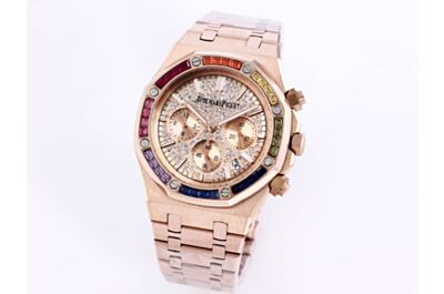 AP Royal Oak Watch Diamond Dial Octagonal Color Diamond Bezel Hour, Minutes And Second Counters Rose Gold Frosted Case Strap