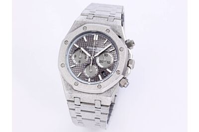  AP Royal Oak Watch Smoked Grey Grande Tapisserie Dial Counters Date Applied Markers Silver Frosted Case Strap