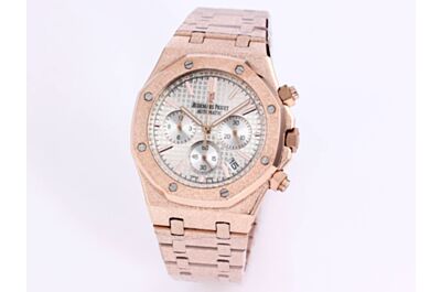 High End  AP Royal Oak Watch Silver Grande Tapisserie Dial Counters Date Applied Markers Rose Gold Frosted Case Strap