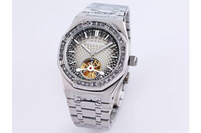 AP Royal Oak Tourbillon Watch Smoked Grey Dial With “Evolutive Tapisserie” Pattern White Applied Hour-Markers Baguette-Cut Diamonds Bezel