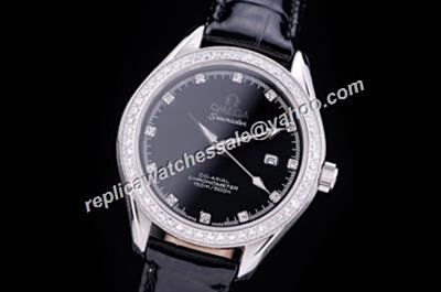 Omega Seamaster 150m/500ft Ladies Diamond Set 38mm Black Date Silver Watch 
