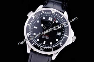 Omega Seamaster 300m Co-axial Silver Steel Date Black Leather Watch 