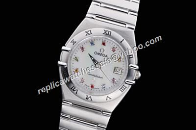 Omega Constellation Colorful Diamonds Markers White Gold Steel Bracelet Date Watch 