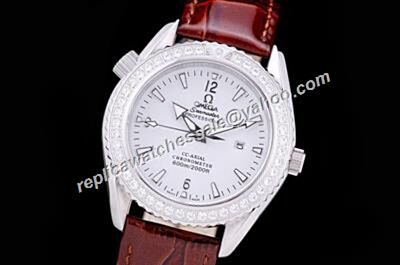 Omega Seamaster 600m Paved Diamonds Bezel Brown Leather 18k White Gold Watch 