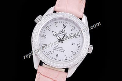 Omega Lady Seamaster 600m Diamonds Bezel White Gold  Pink Leather Watch