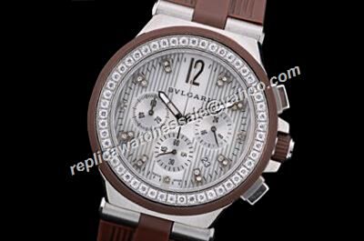 Bvlgari Diagono  Chronograph Diamonds Bezel Coffee Rubber Strap Watch 