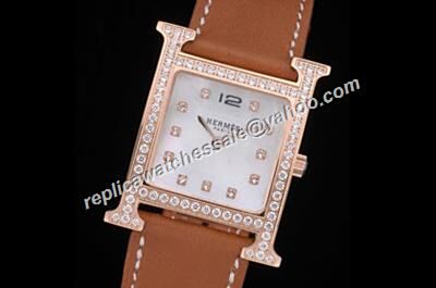 Hermes Heure H Diamond Encrusted Bezel Women's Rose Gold Wristwatch  Duplicate 