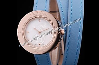 Hermes Passe Passe 18k Rose Gold Bezel Blue Band 32mm Diamond Watch 