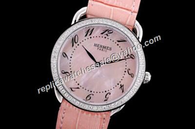 Hermes Arceau Ladies Quartz PM 28mm Ref 040143WW00 Pink Mop Diamond Jewelry Watch 