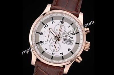 Gents Mido Multifort Chrono 44mm Copy Day Date valjoux Brown Leather Strap Watch 