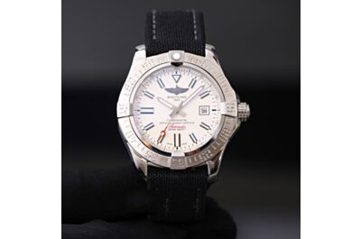 Breitling Avenger Automatic Mechanical Stainless Steel Case White Dial Date Window Black Canvas Strap Watch 