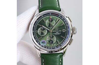 Breitling Premier Green Dial & Leather Strap Black Tachymeter Minute & Hours Counters Second Subdial Date Window Watch  