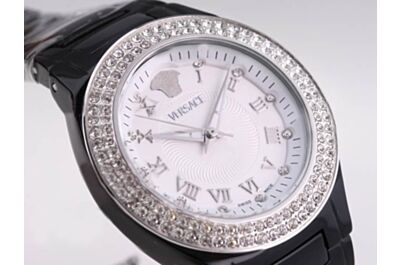  Versace Dual Circles Diamonds Lady Black Ceramic Bracelet White Watch 